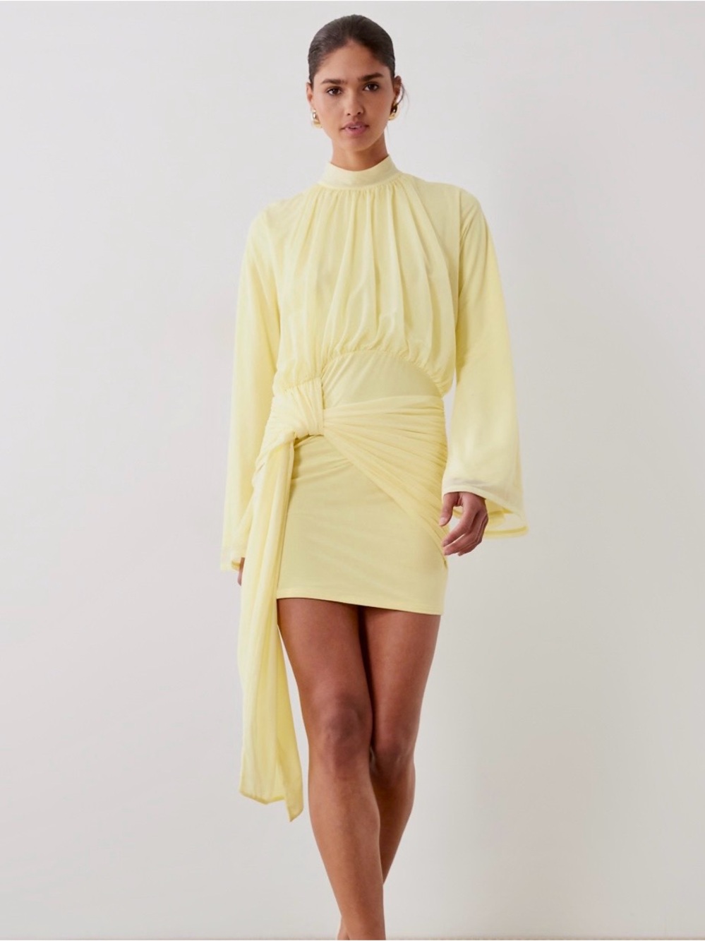 ASOS Pale Yellow High-Neck Draped Sash Mini Dress